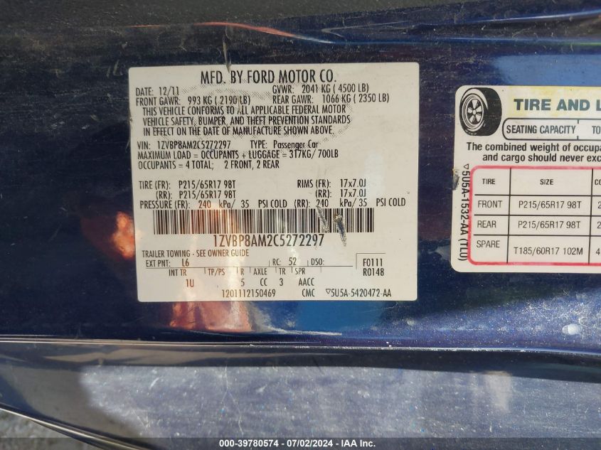2012 Ford Mustang V6 VIN: 1ZVBP8AM2C5272297 Lot: 39780574