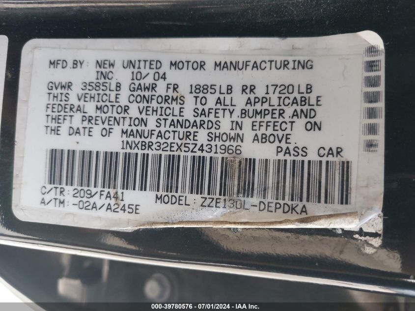 2005 Toyota Corolla Ce VIN: 1NXBR32EX5Z431966 Lot: 39780576