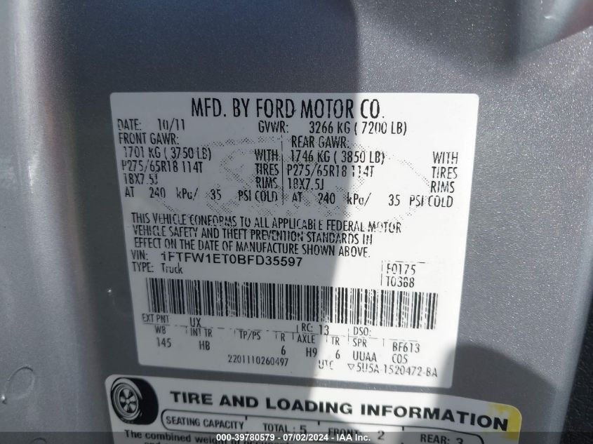 2011 Ford F150 Supercrew VIN: 1FTFW1ET0BFD35597 Lot: 39780579