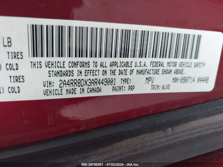 2010 Chrysler Town & Country Touring Plus VIN: 2A4RR8DX3AR449001 Lot: 39780581