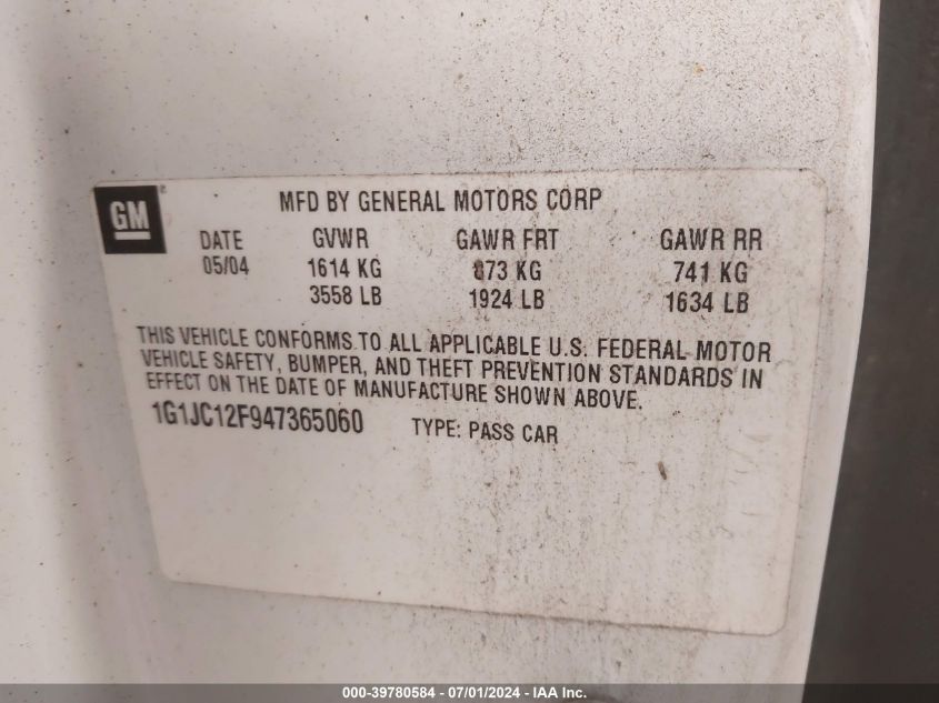 2004 Chevrolet Cavalier VIN: 1G1JC12F947365060 Lot: 39780584