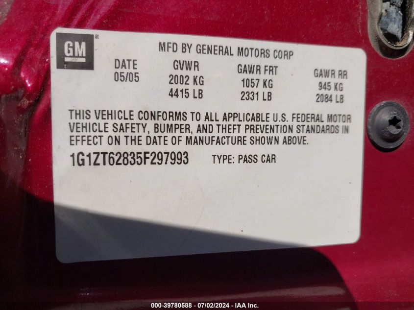 2005 Chevrolet Malibu Maxx Ls VIN: 1G1ZT62835F297993 Lot: 39780588