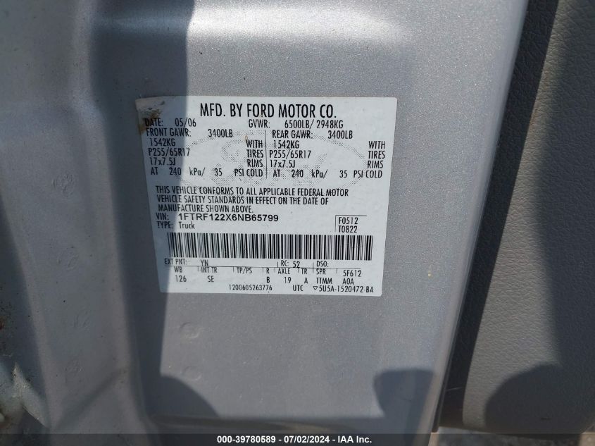 2006 Ford F-150 Stx/Xl/Xlt VIN: 1FTRF122X6NB65799 Lot: 39780589