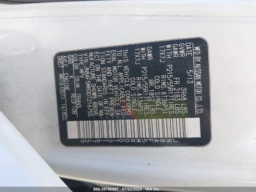 2013 Nissan Juke Sv VIN: JN8AF5MR0DT216755 Lot: 39780597