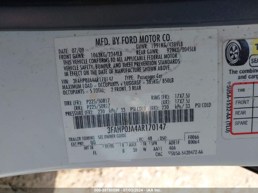 2010 Ford Fusion Sel VIN: 3FAHP0JA4AR170147 Lot: 39780598