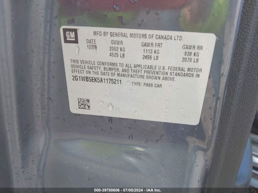 2010 Chevrolet Impala Lt VIN: 2G1WB5EK5A1175211 Lot: 39780606