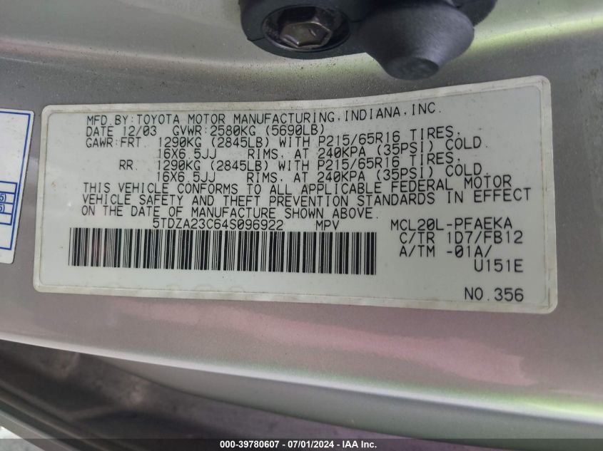 2004 Toyota Sienna Le VIN: 5TDZA23C64S096922 Lot: 39780607