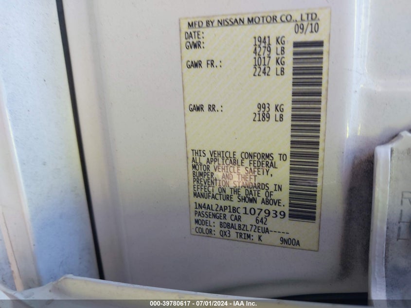 2011 Nissan Altima 2.5 S VIN: 1N4AL2AP1BC107939 Lot: 39780617