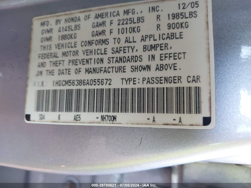 2006 Honda Accord 2.4 Se VIN: 1HGCM56386A055672 Lot: 39780621