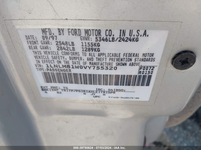 1997 Lincoln Town Car Executive VIN: 1LNLM81W0VY755320 Lot: 39780624