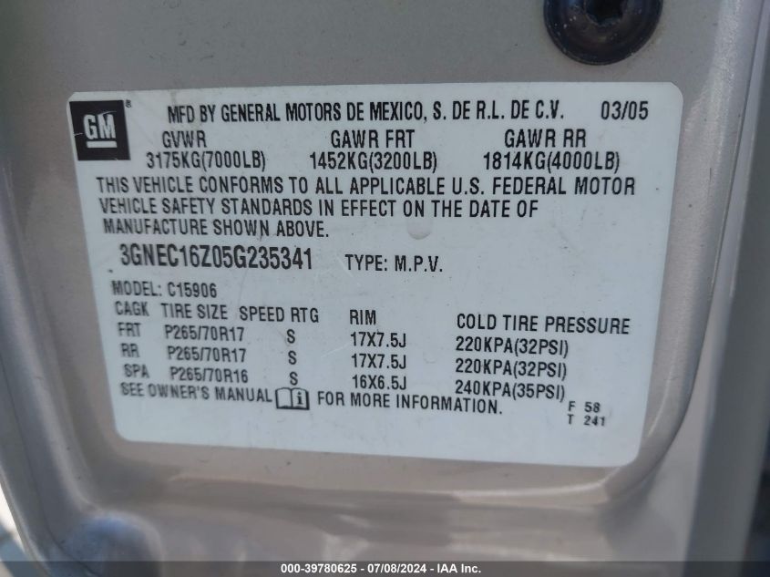 2005 Chevrolet Suburban 1500 Lt VIN: 3GNEC16Z05G235341 Lot: 39780625