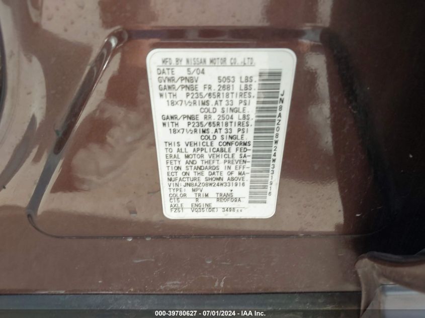 2004 Nissan Murano Sl VIN: JN8AZ08W24W331916 Lot: 39780627