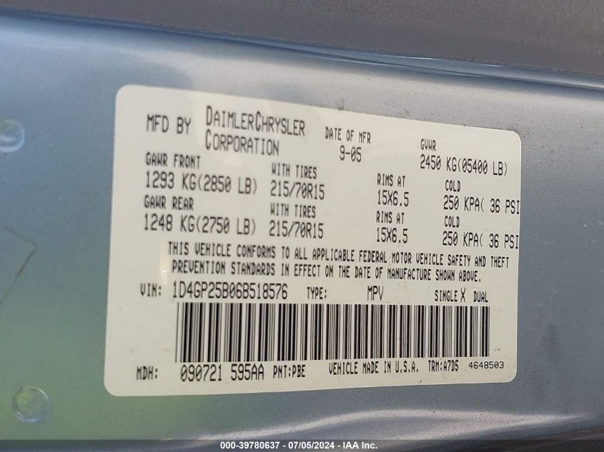 2006 Dodge Caravan Se VIN: 1D4GP25B06B518576 Lot: 39780637