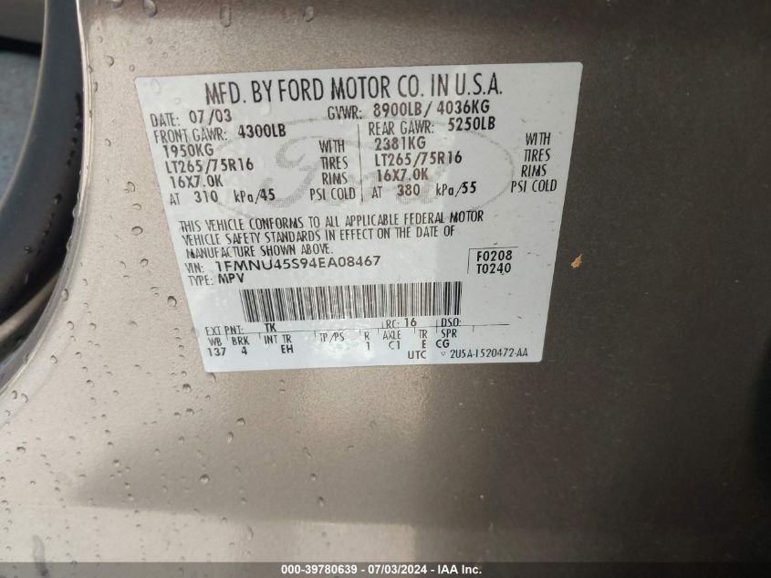 2004 Ford Excursion Eddie Bauer VIN: 1FMNU45S94EA08467 Lot: 39780639