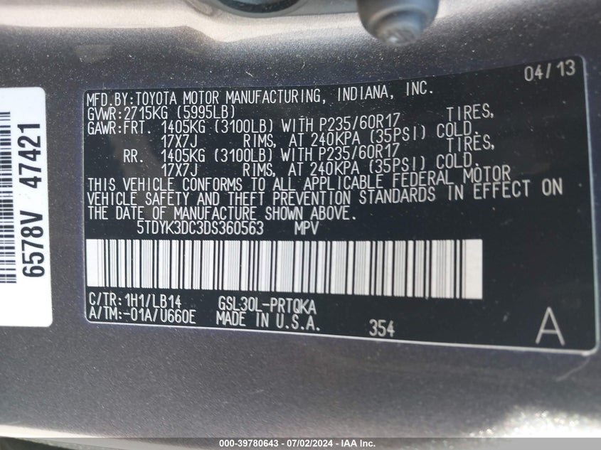 2013 Toyota Sienna Xle V6 8 Passenger VIN: 5TDYK3DC3DS360563 Lot: 39780643