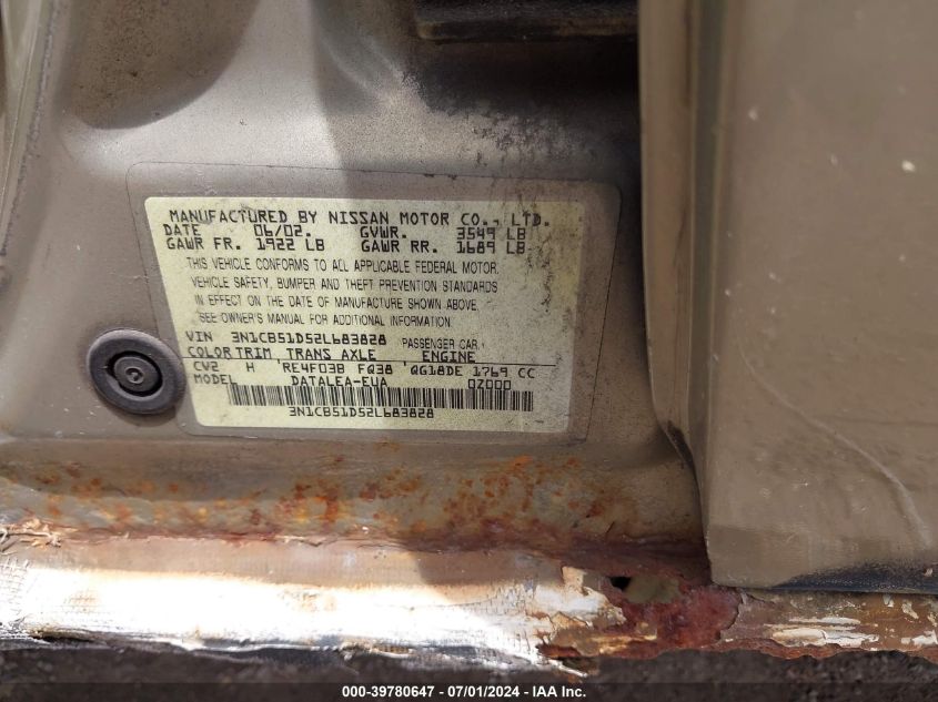 2002 Nissan Sentra Gxe VIN: 3N1CB51D52L683828 Lot: 39780647