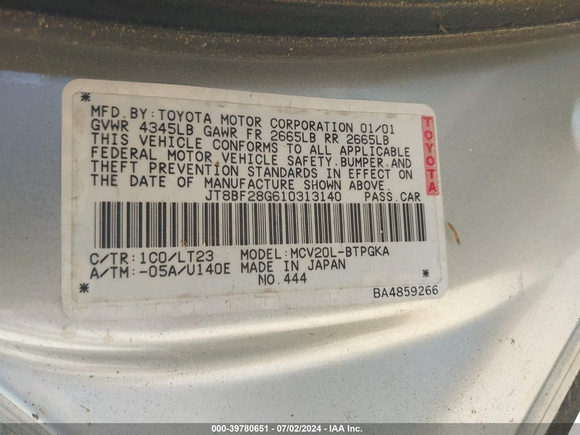 2001 Lexus Es 300 VIN: JT8BF28G610313140 Lot: 39780651