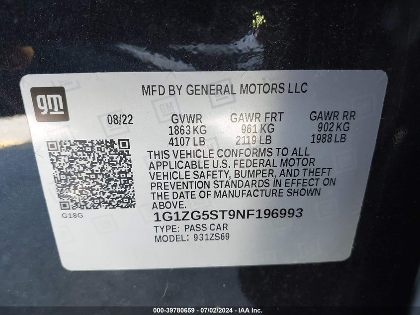 2022 Chevrolet Malibu Fwd Rs VIN: 1G1ZG5ST9NF196993 Lot: 39780659