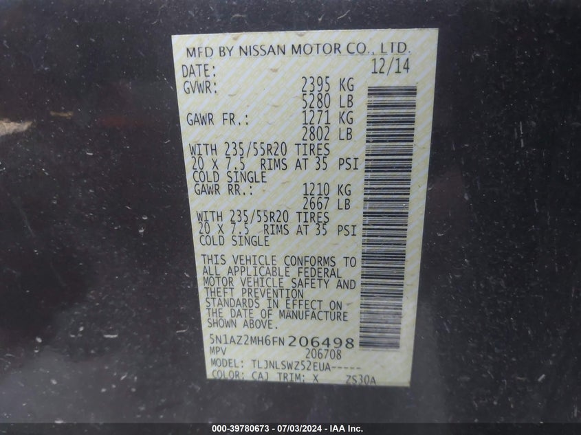 2015 Nissan Murano Platinum VIN: 5N1AZ2MH6FN206498 Lot: 39780673