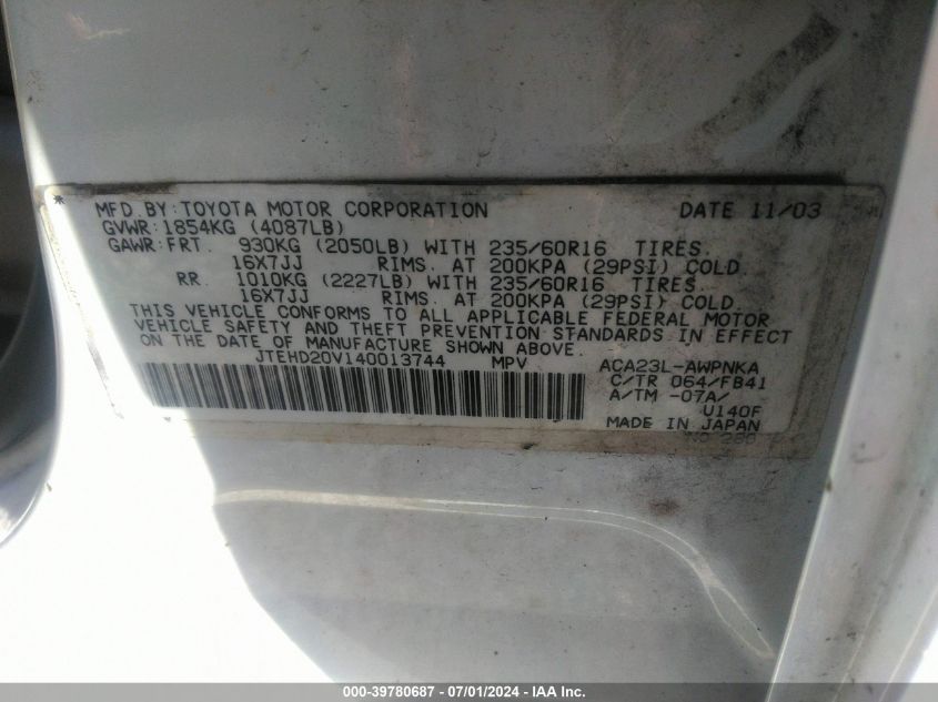 2004 Toyota Rav4 VIN: JTEHD20V140013744 Lot: 39780687