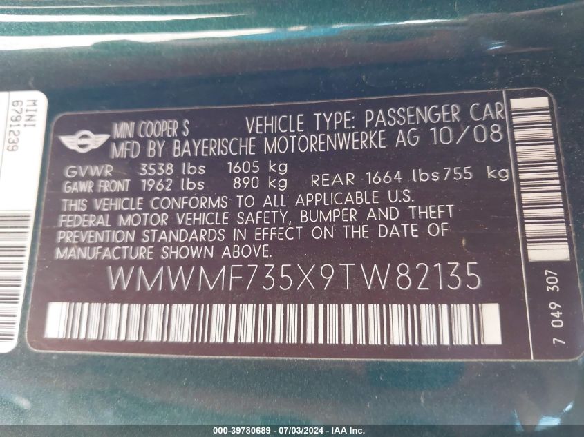 2009 Mini Cooper S VIN: WMWMF735X9TW82135 Lot: 39780689
