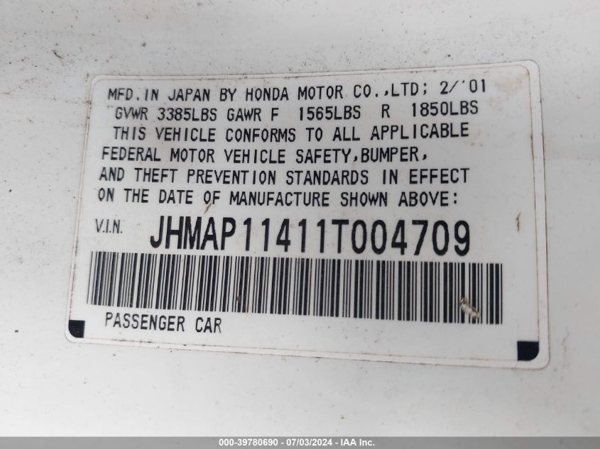 2001 Honda S2000 VIN: JHMAP11411T004709 Lot: 39780690