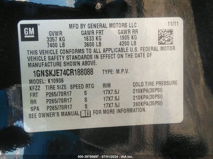 2012 Chevrolet Suburban 1500 Lt VIN: 1GNSKJE74CR188088 Lot: 39780697