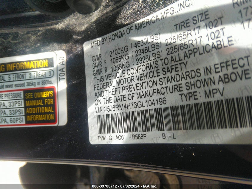 2016 HONDA CR-V EX-L - 5J6RM4H73GL104196