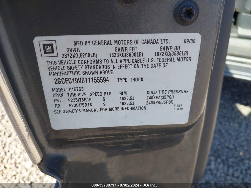 2001 Chevrolet Silverado 1500 Ls VIN: 2GCEC19V611155594 Lot: 39780717