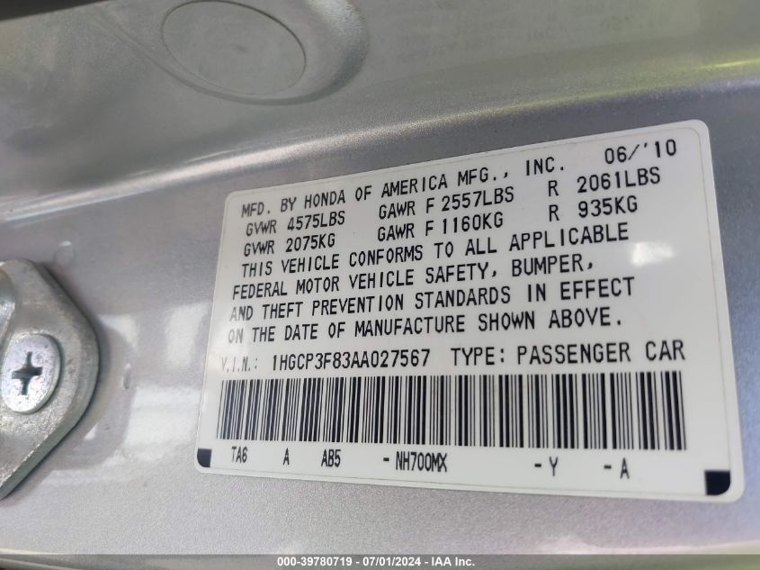 2010 Honda Accord 3.5 Ex-L VIN: 1HGCP3F83AA027567 Lot: 39780719