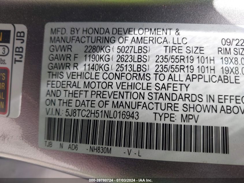 5J8TC2H51NL016943 2022 Acura Rdx Technology Package