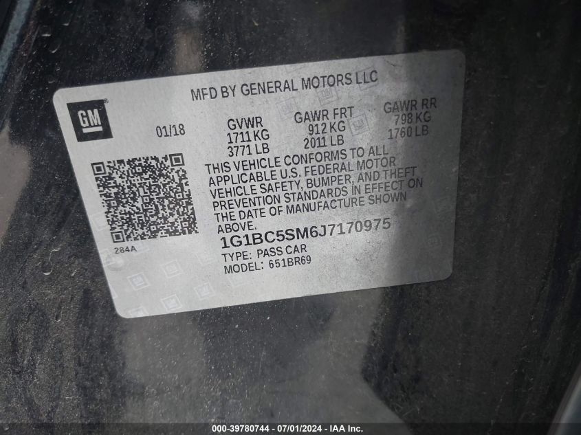 2018 Chevrolet Cruze Ls Auto VIN: 1G1BC5SM6J7170975 Lot: 39780744
