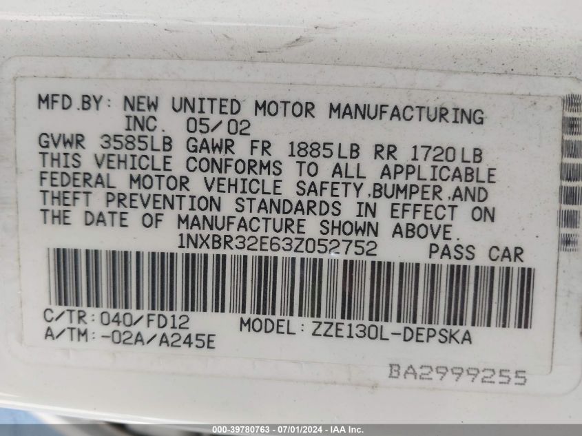 2003 Toyota Corolla S VIN: 1NXBR32E63Z052752 Lot: 39780763