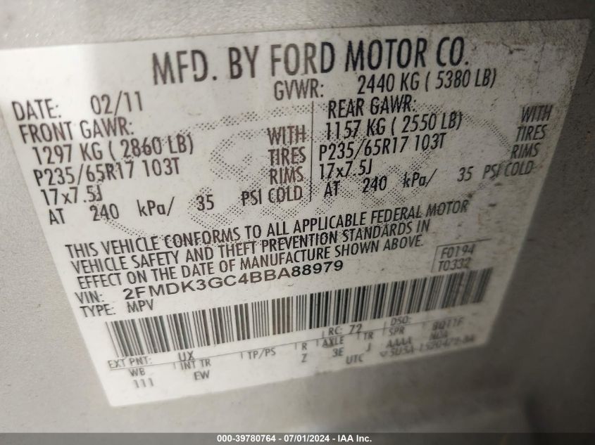 2011 Ford Edge Se VIN: 2FMDK3GC4BBA88979 Lot: 39780764