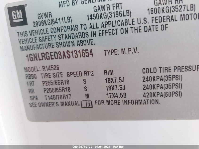 2010 Chevrolet Traverse Lt VIN: 1GNLRGED3AS131654 Lot: 39780772