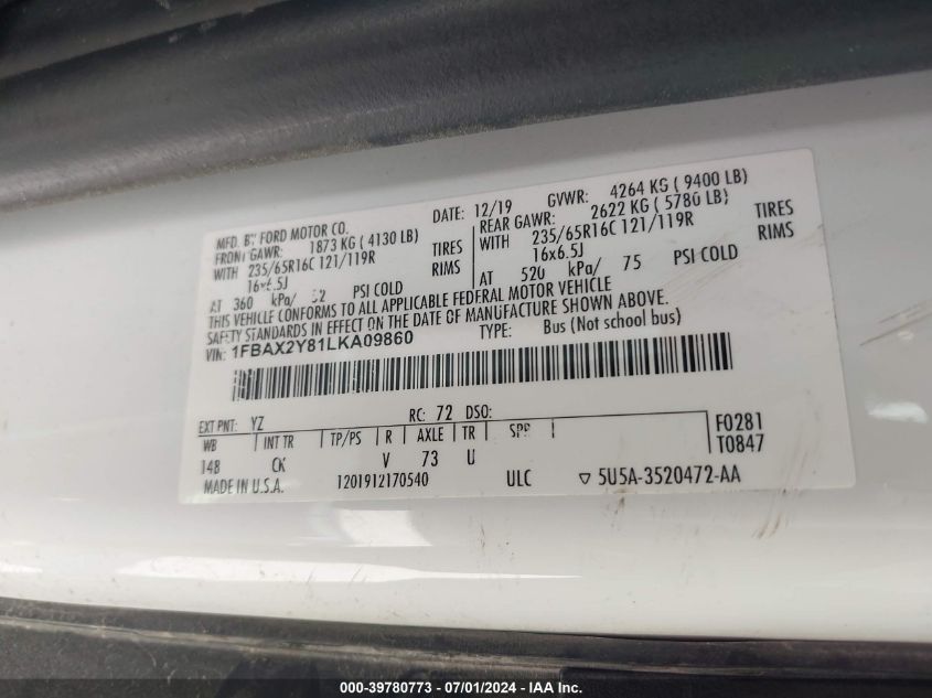 2020 Ford Transit-350 Passenger Van Xlt VIN: 1FBAX2Y81LKA09860 Lot: 39780773