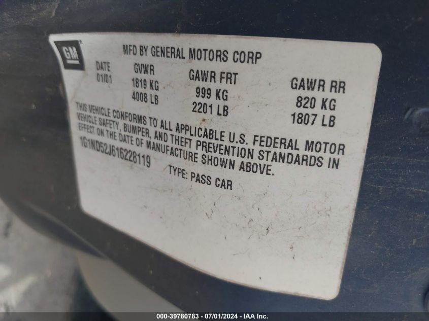 2001 Chevrolet Malibu VIN: 1G1ND52J616228119 Lot: 39780783