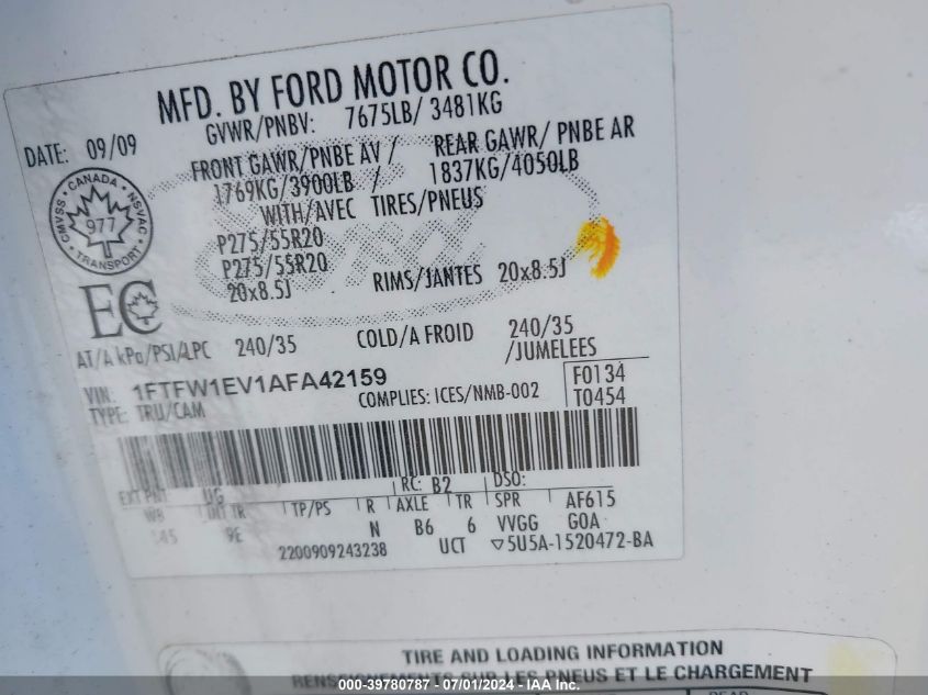 2010 Ford F-150 Fx4/Harley-Davidson/King Ranch/Lariat/Platinum/Xl/Xlt VIN: 1FTFW1EV1AFA42159 Lot: 39780787