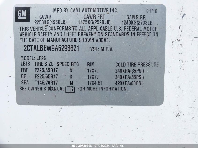 2010 GMC Terrain VIN: 2CTALVEW9A6293821 Lot: 39780798
