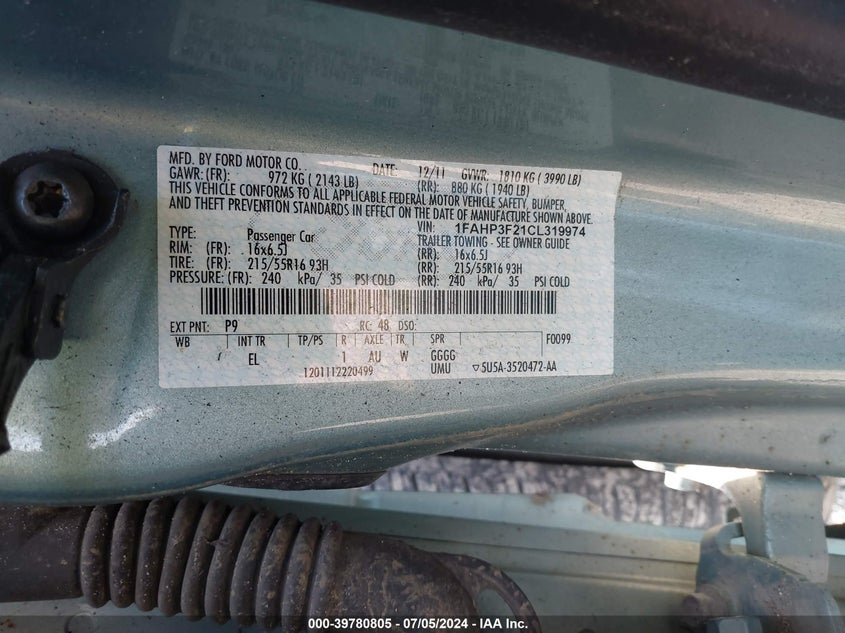 2012 Ford Focus Se VIN: 01FAHP3F21CL31997 Lot: 39780805