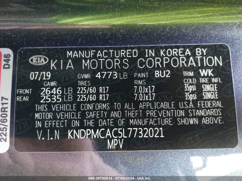 2020 Kia Sportage Lx VIN: KNDPMCAC5L7732021 Lot: 39780814