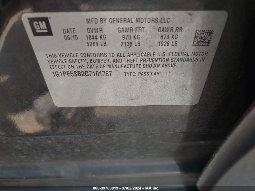 2016 Chevrolet Cruze Limited 1Lt Auto VIN: 1G1PE5SB2G7101787 Lot: 39780819