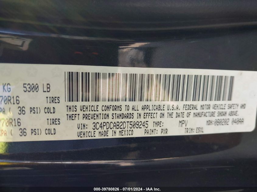 2013 Dodge Journey American Value Pkg VIN: 3C4PDCAB2DT509245 Lot: 39780826