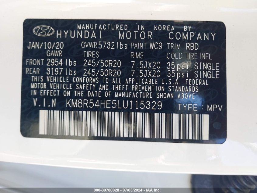 2020 Hyundai Palisade Limited VIN: KM8R54HE5LU115329 Lot: 39780828