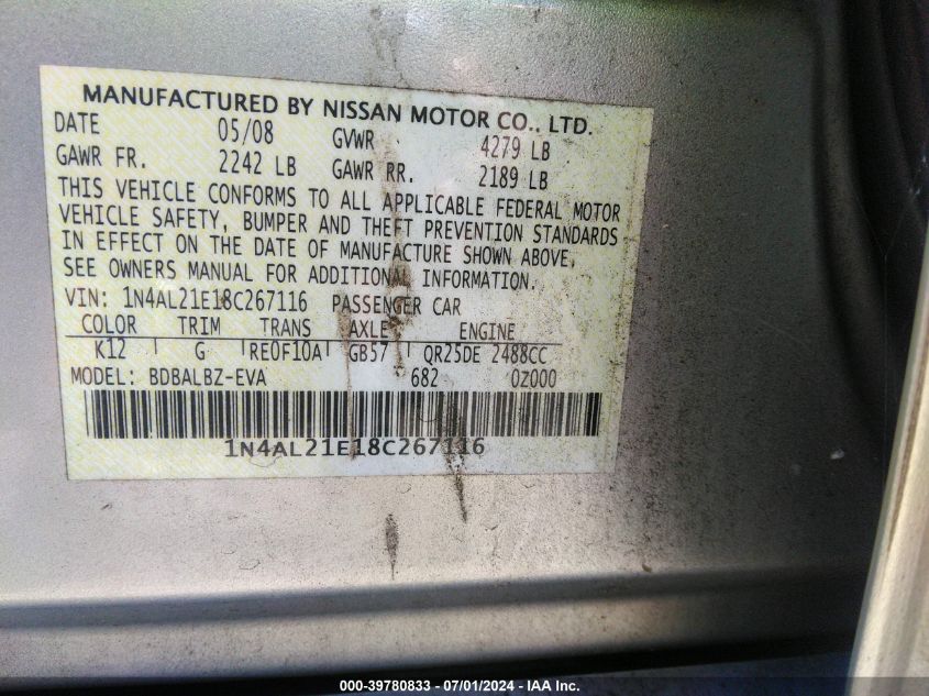 1N4AL21E18C267116 | 2008 NISSAN ALTIMA