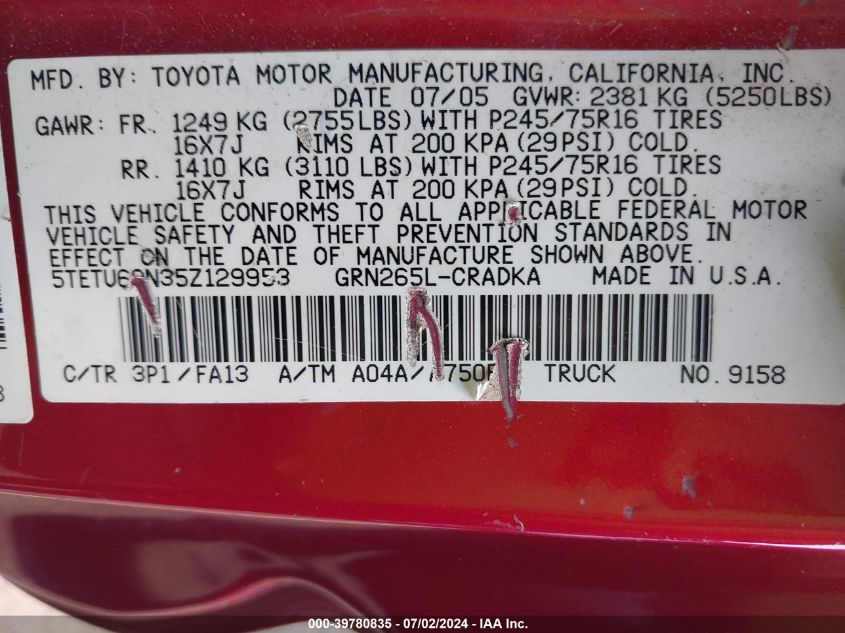 2005 Toyota Tacoma Prerunner V6 VIN: 5TETU62N35Z129953 Lot: 39780835