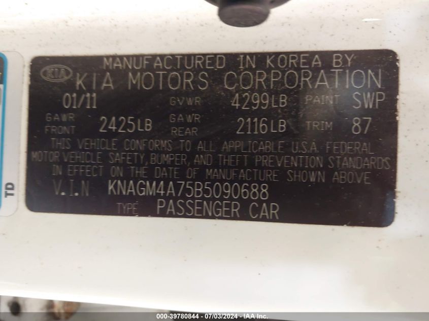 2011 Kia Optima Lx VIN: KNAGM4A75B5090688 Lot: 39780844