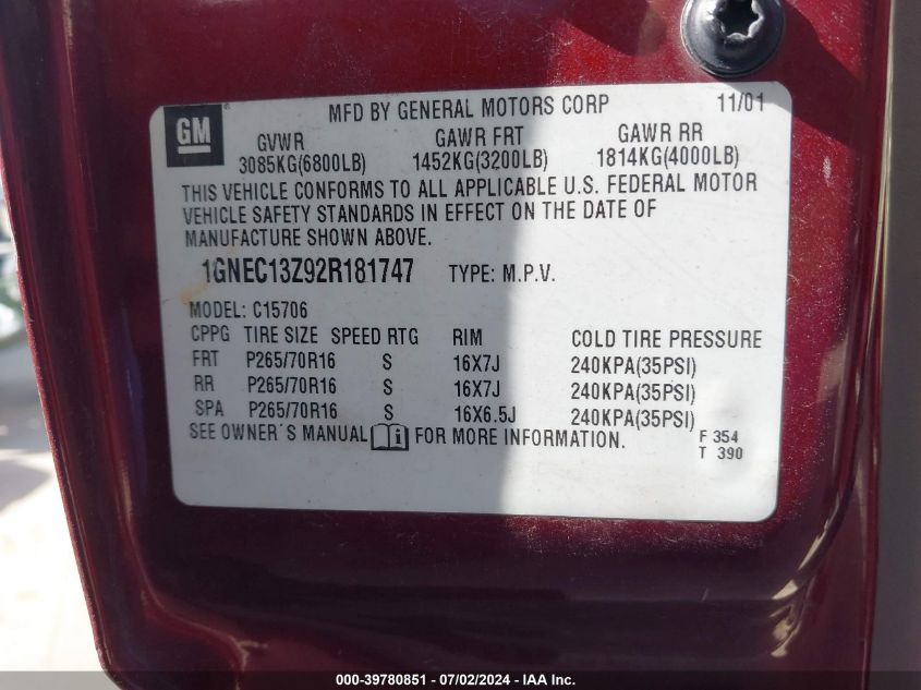 2002 Chevrolet Tahoe Lt VIN: 1GNEC13Z92R181747 Lot: 39780851