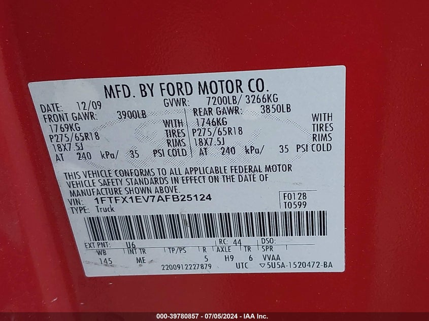 2010 Ford F-150 Fx4/Lariat/Xl/Xlt VIN: 1FTFX1EV7AFB25124 Lot: 39780857