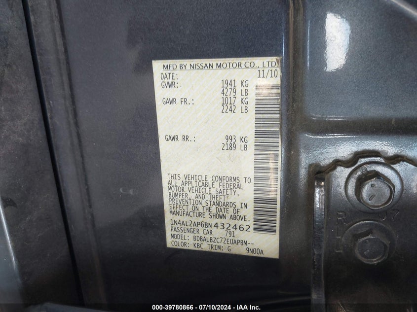 2011 Nissan Altima 2.5 S VIN: 1N4AL2AP6BN432462 Lot: 39780866